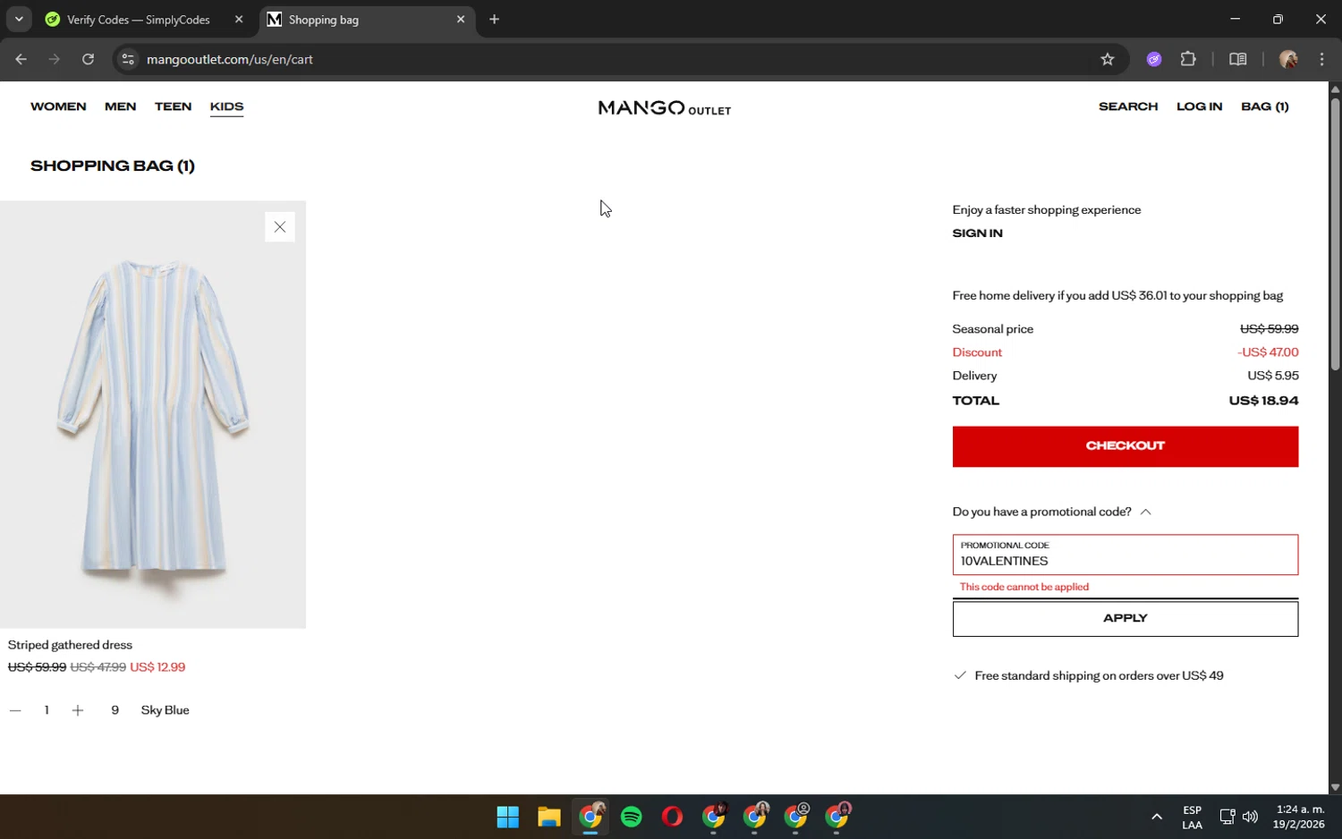 Mango Outlet promo code screenshot showing code 10VALENTINES applied at Mango Outlet checkout page. Uploaded by SimplyCodes community member JennaOrtega on Feb 19, 2026