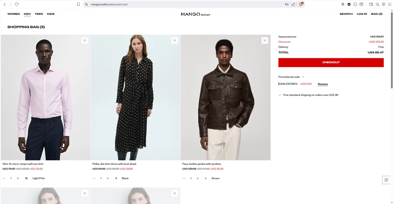 Mango Outlet checkout page showing Mango Outlet promo code box | Screenshot taken by SimplyCodes community member on Feb 11, 2026
