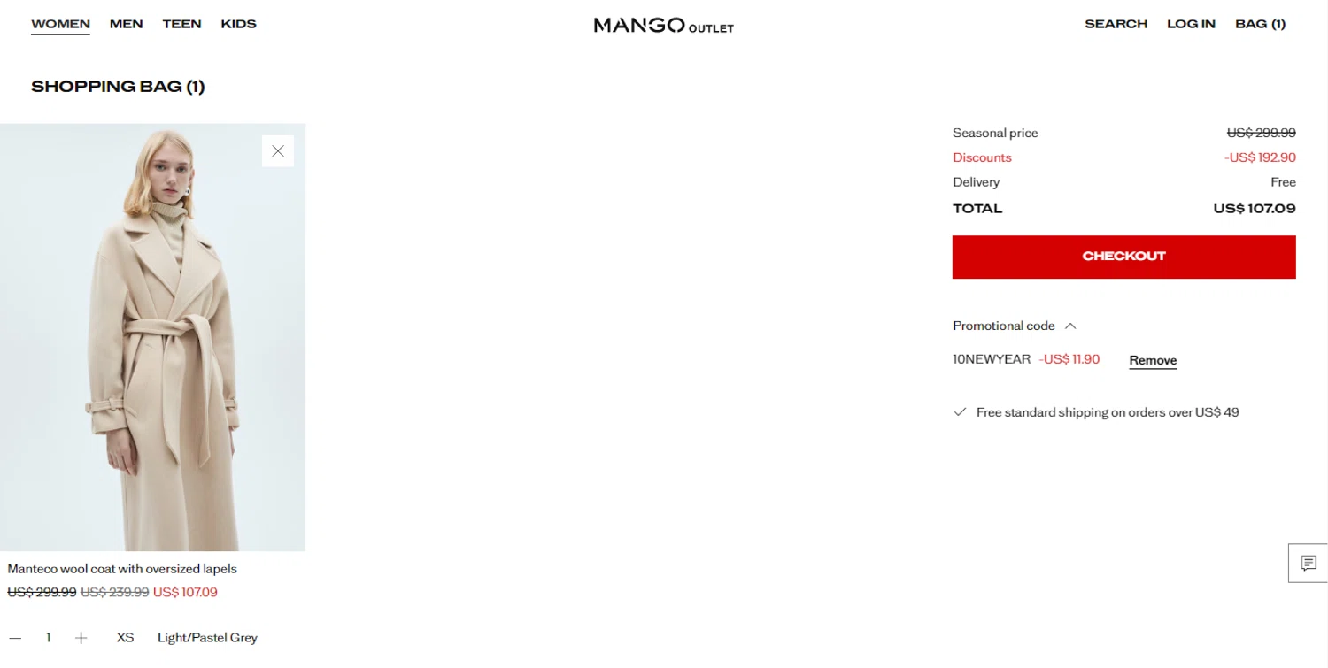 Mango Outlet promo code screenshot showing code 10NEWYEAR applied at Mango Outlet checkout page. Uploaded by SimplyCodes community member HUNTER1406 on Dec 31, 2025