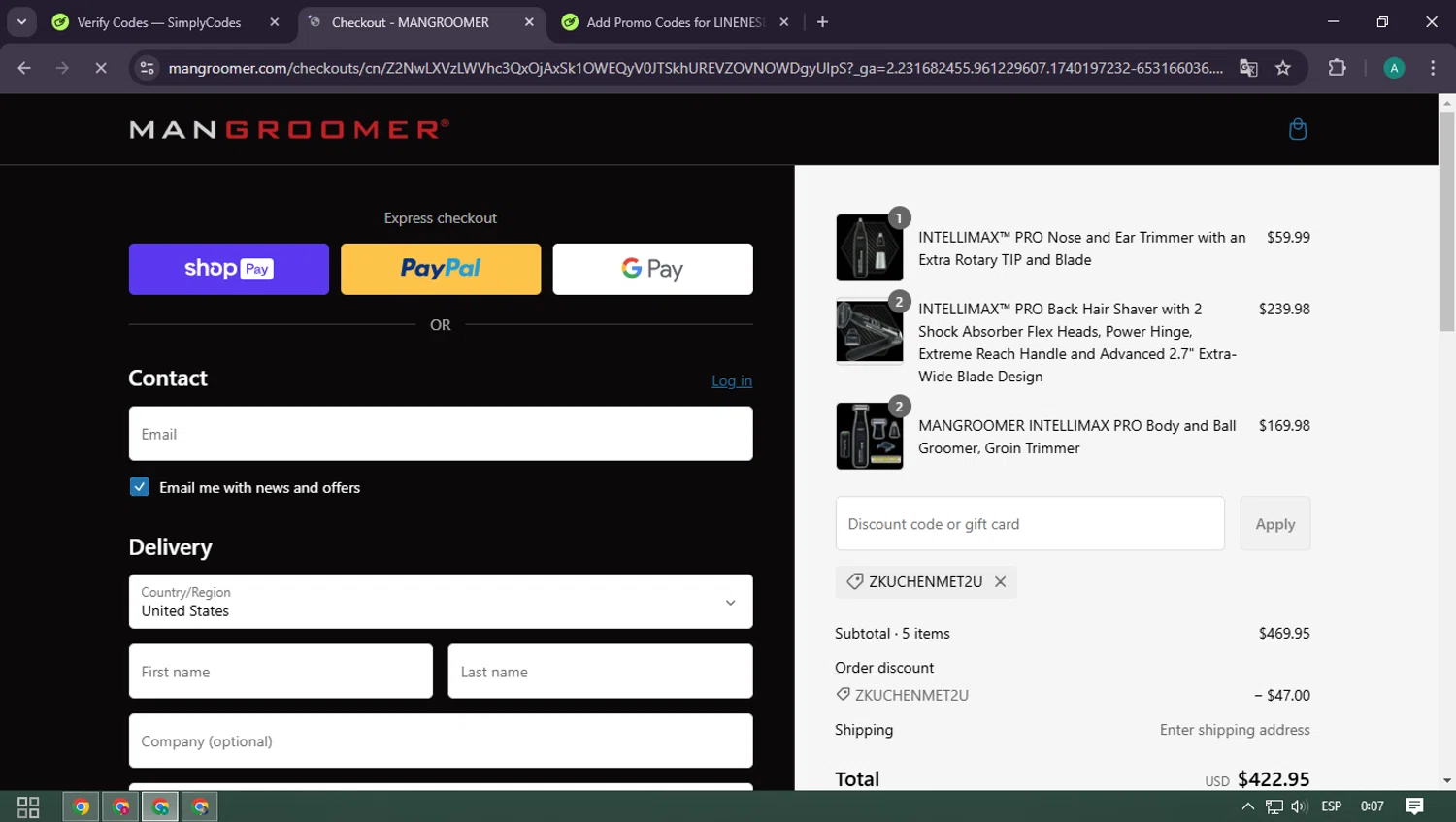 Mangroomer promo code screenshot showing code ZKUCHENMET2U applied at Mangroomer checkout page. Uploaded by SimplyCodes community member CarlOz on Feb 22, 2025