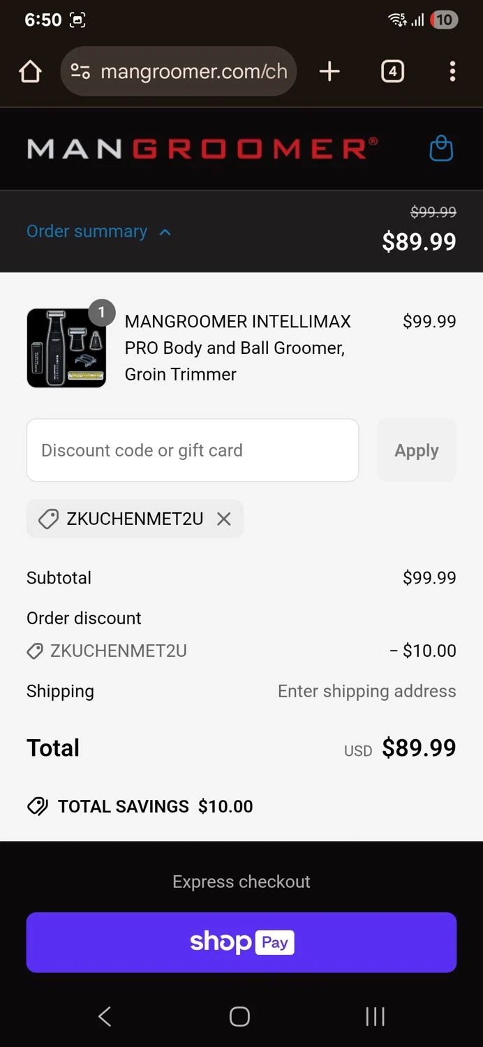 Mangroomer promo code screenshot showing code ZKUCHENMET2U applied at Mangroomer checkout page. Uploaded by SimplyCodes community member Jose_515 on Jun 24, 2025