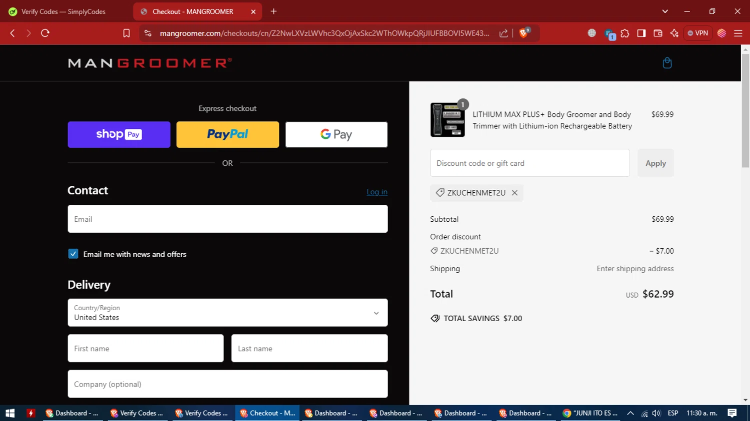 Mangroomer promo code screenshot showing code ZKUCHENMET2U applied at Mangroomer checkout page. Uploaded by SimplyCodes community member VictoriousCaptain7627 on Dec 28, 2024