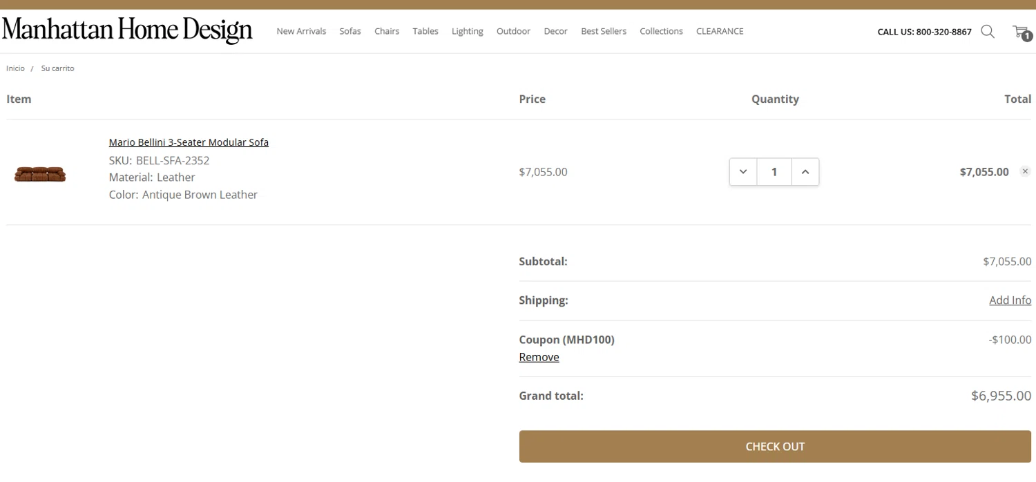 Manhattan Home Design coupon code screenshot showing code MHD100 applied at Manhattan Home Design checkout page. Uploaded by SimplyCodes community member Gabrielo2000 on Aug 3, 2025