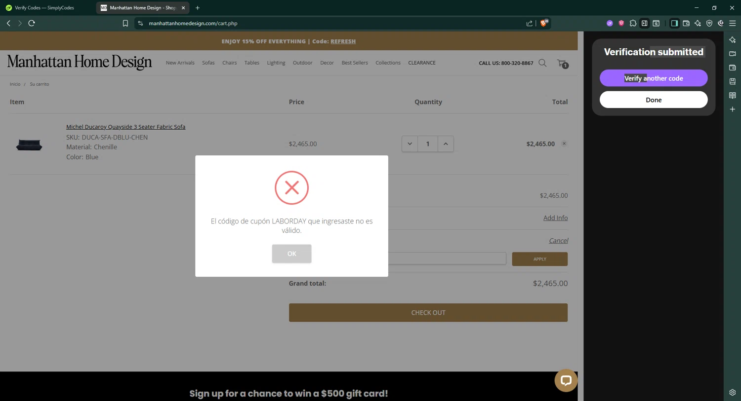 Manhattan Home Design coupon code screenshot showing code LABORDAY applied at Manhattan Home Design checkout page. Uploaded by SimplyCodes community member Angel14 on Sep 20, 2025