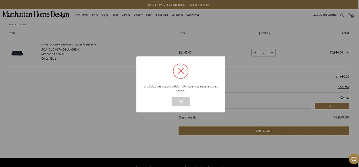 Manhattan Home Design coupon code screenshot showing code LABORDAY applied at Manhattan Home Design checkout page. Uploaded by SimplyCodes community member laoriginal on Sep 20, 2025