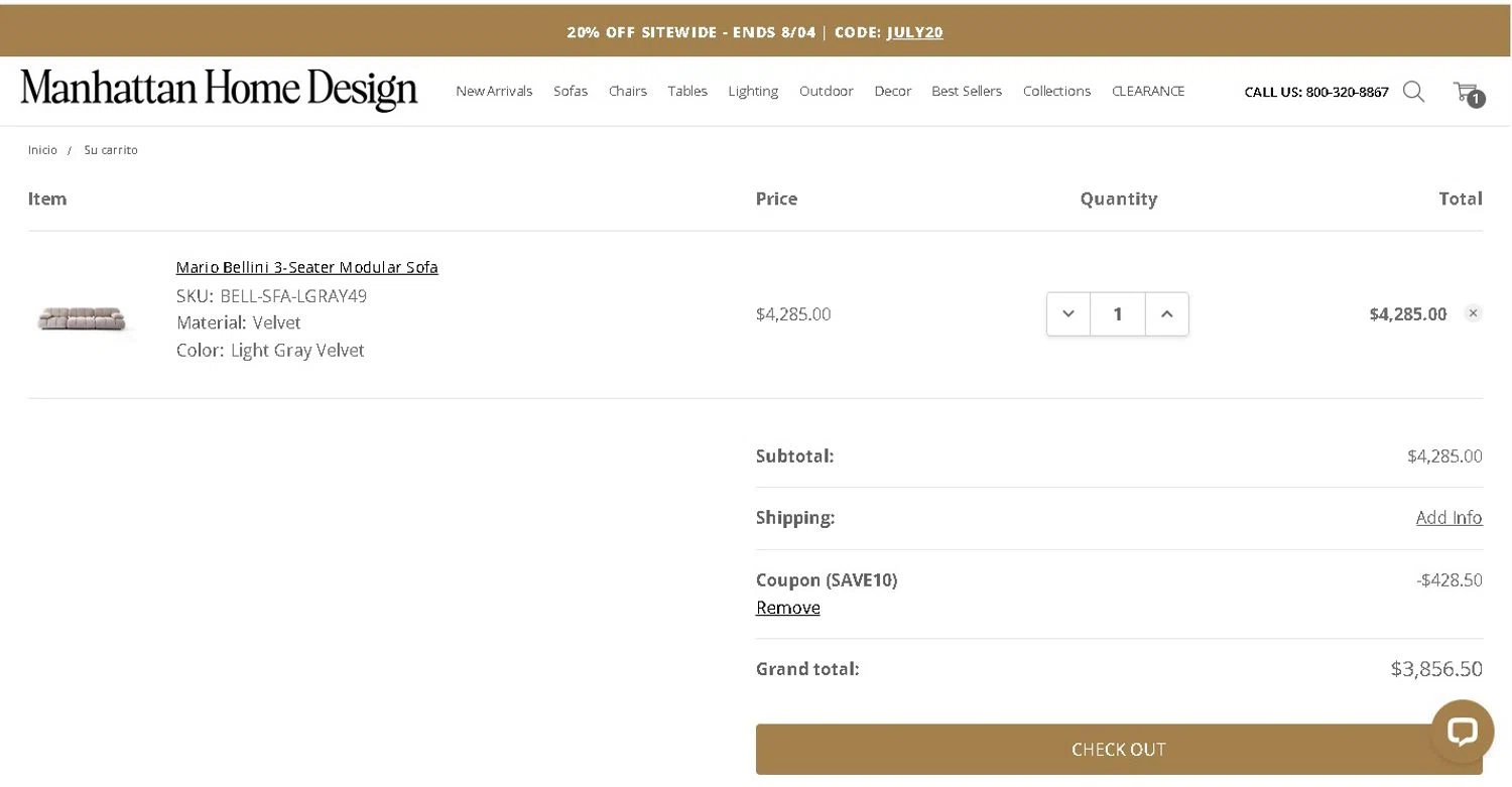 Manhattan Home Design coupon code screenshot showing code SAVE10 applied at Manhattan Home Design checkout page. Uploaded by SimplyCodes community member LAMINEJAMAL on Aug 4, 2025