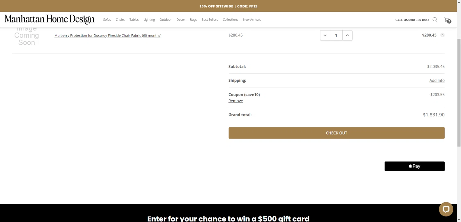 Manhattan Home Design coupon code screenshot showing code SAVE10 applied at Manhattan Home Design checkout page. Uploaded by SimplyCodes community member DiscountWarden480 on May 9, 2025