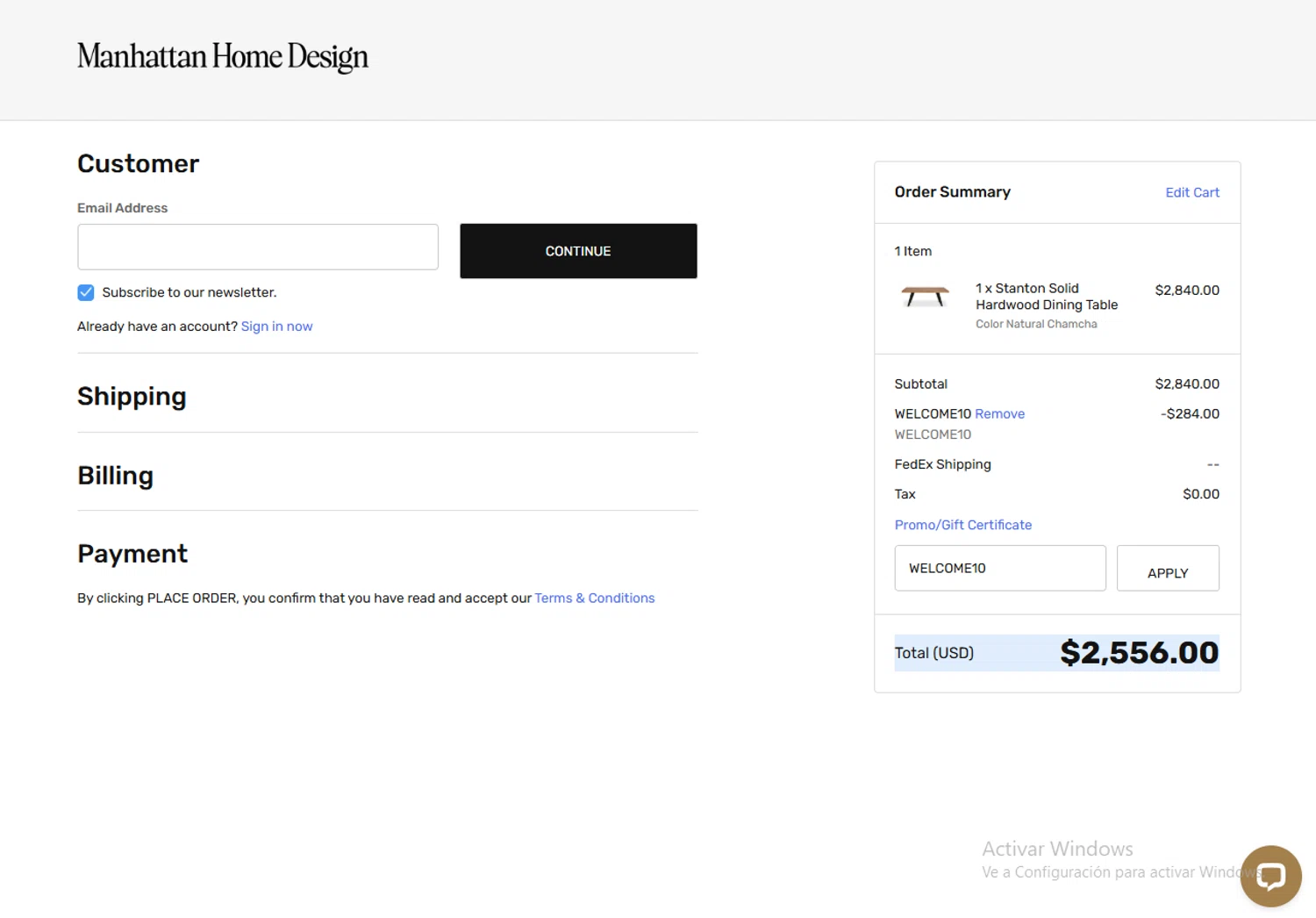 Manhattan Home Design coupon code screenshot showing code WELCOME10 applied at Manhattan Home Design checkout page. Uploaded by SimplyCodes community member SwiftPhoenix267 on Aug 11, 2025