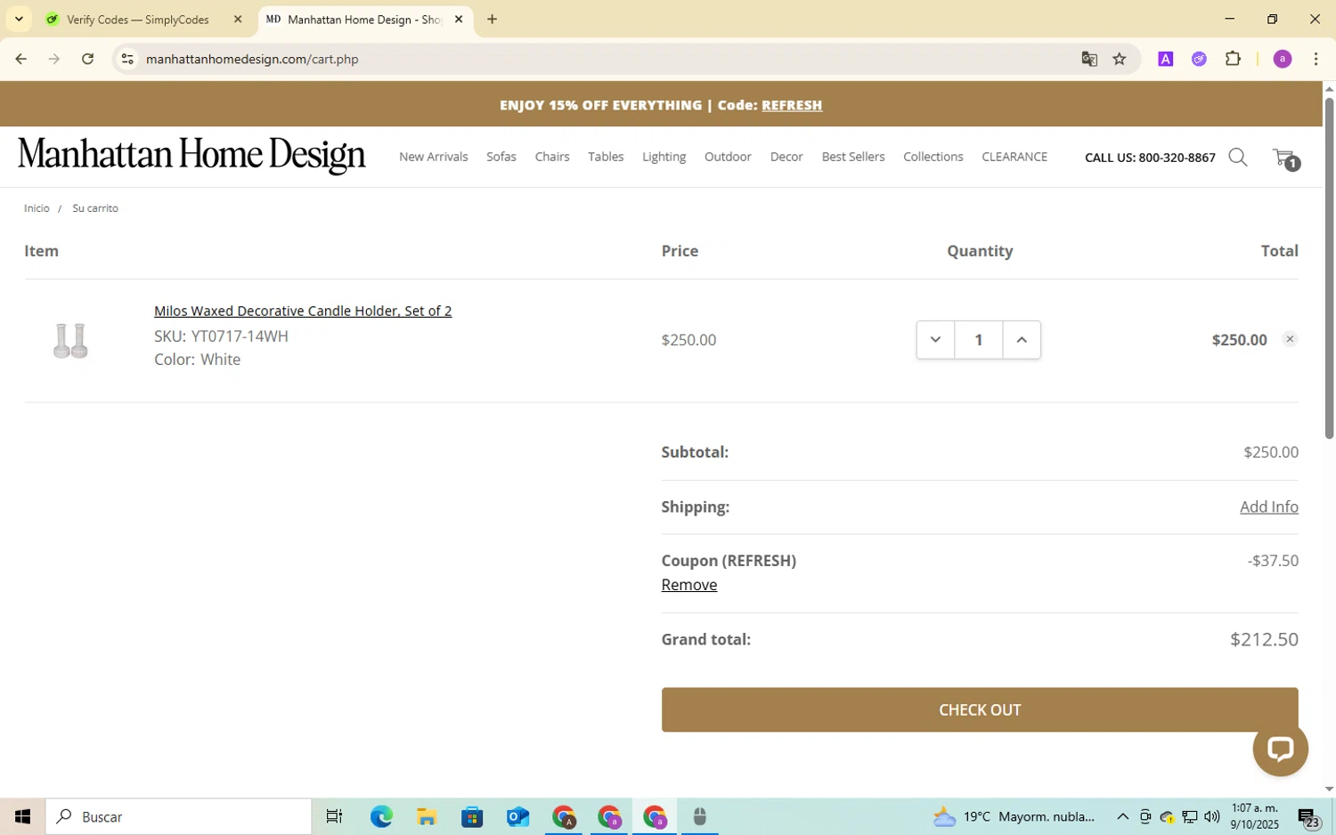 Manhattan Home Design checkout page showing Manhattan Home Design coupon code box | Screenshot taken by SimplyCodes community member on Oct 8, 2025