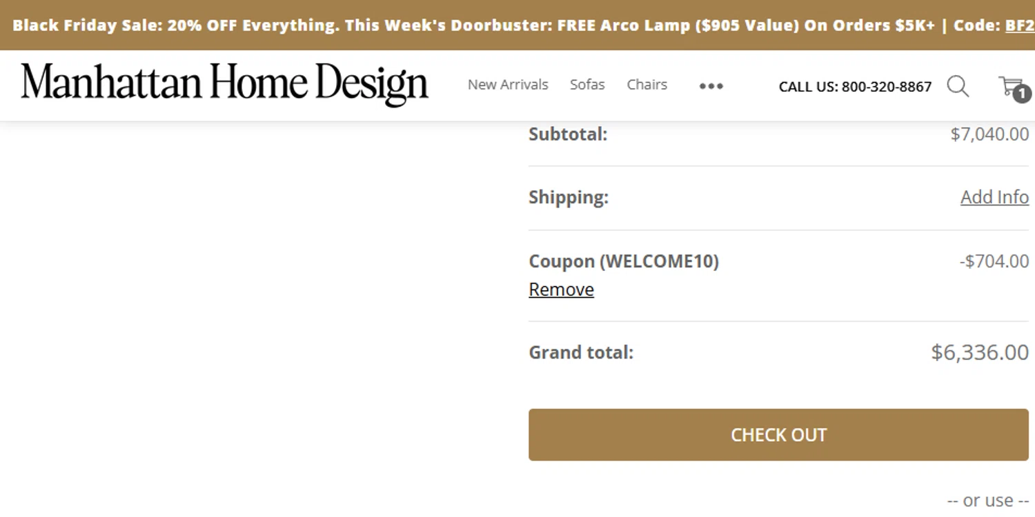 Manhattan Home Design coupon code screenshot showing code WELCOME10 applied at Manhattan Home Design checkout page. Uploaded by SimplyCodes community member ashe1986 on Nov 6, 2025