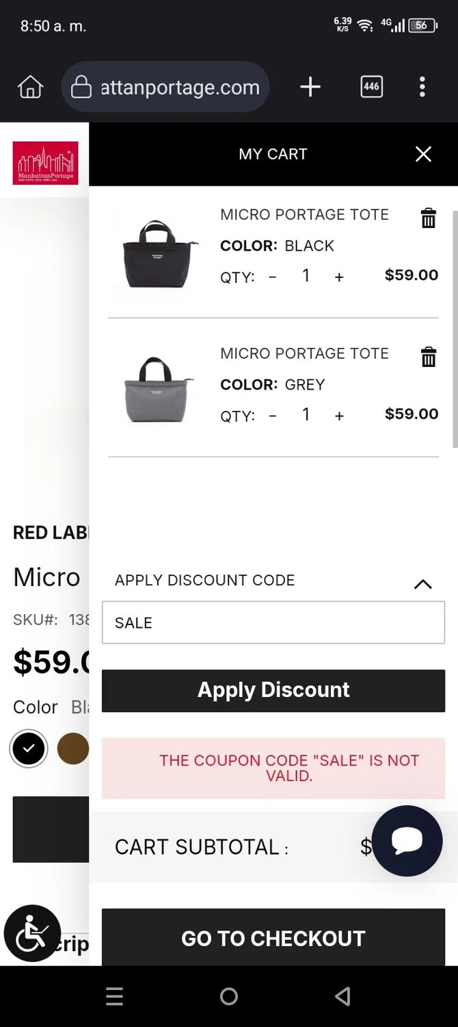 Manhattan Portage discount code screenshot showing code SALE applied at Manhattan Portage checkout page. Uploaded by SimplyCodes community member BrilliantHero1199 on Dec 27, 2025