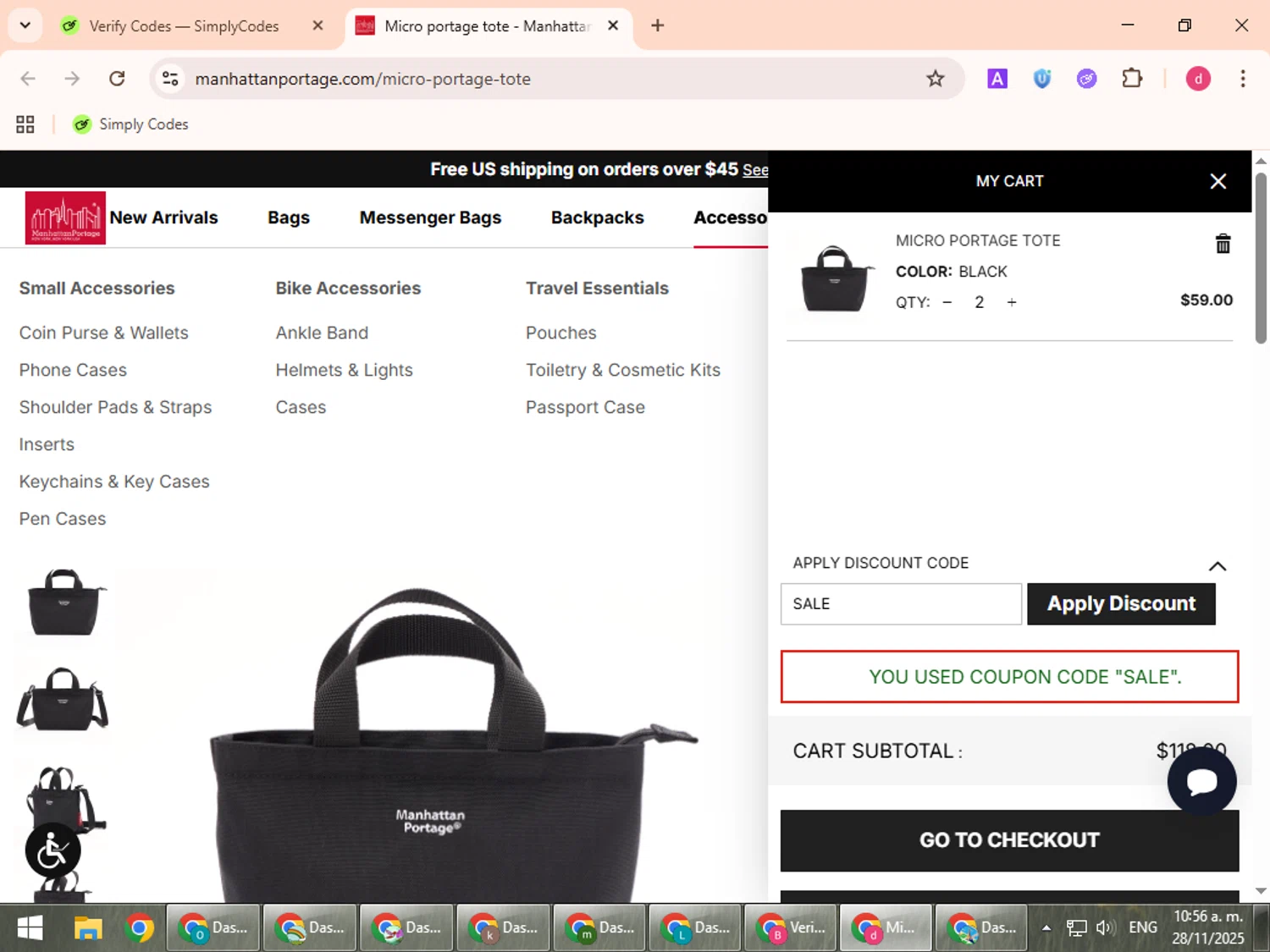 Manhattan Portage checkout page showing Manhattan Portage discount code box | Screenshot taken by SimplyCodes community member on Nov 28, 2025