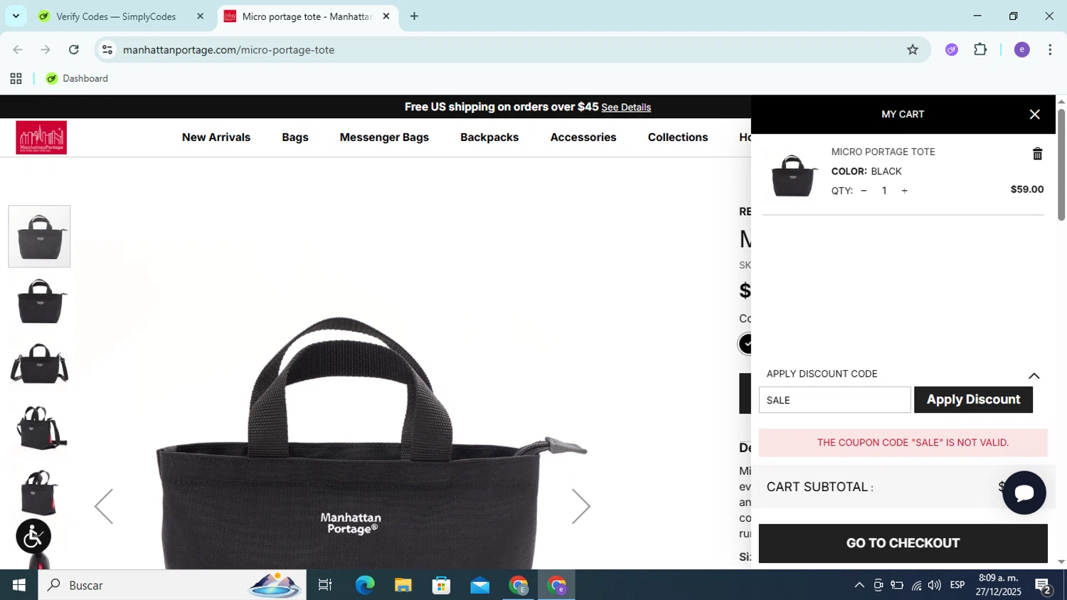 Manhattan Portage discount code screenshot showing code SALE applied at Manhattan Portage checkout page. Uploaded by SimplyCodes community member Esteban14 on Dec 27, 2025