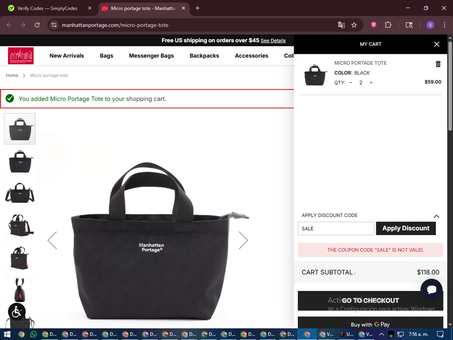 Manhattan Portage discount code screenshot showing code SALE applied at Manhattan Portage checkout page. Uploaded by SimplyCodes community member LuckyVoyager688 on Dec 27, 2025