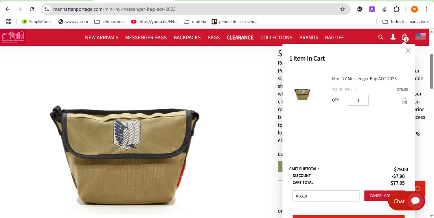 Manhattan Portage discount code screenshot showing code KBS10 applied at Manhattan Portage checkout page. Uploaded by SimplyCodes community member ROIS28 on Mar 9, 2025