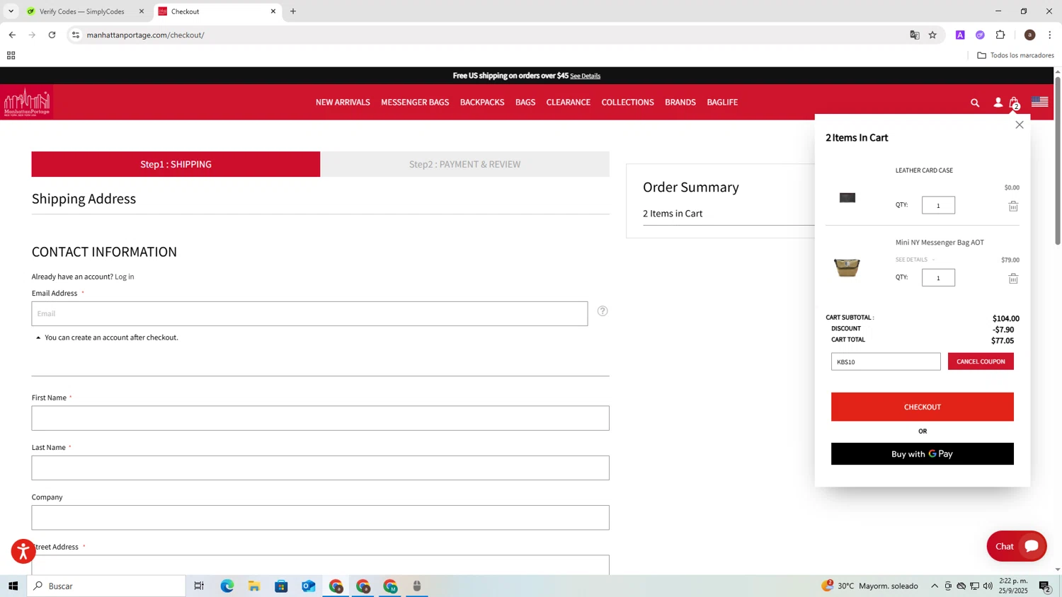 Manhattan Portage discount code screenshot showing code KBS10 applied at Manhattan Portage checkout page. Uploaded by SimplyCodes community member RoyalLegend4835 on Sep 25, 2025