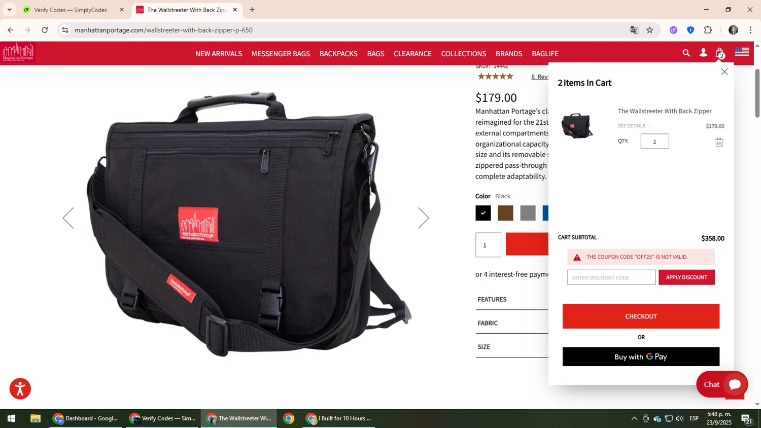 Manhattan Portage discount code screenshot showing code off25 applied at Manhattan Portage checkout page. Uploaded by SimplyCodes community member CleverLynx6871 on Sep 23, 2025