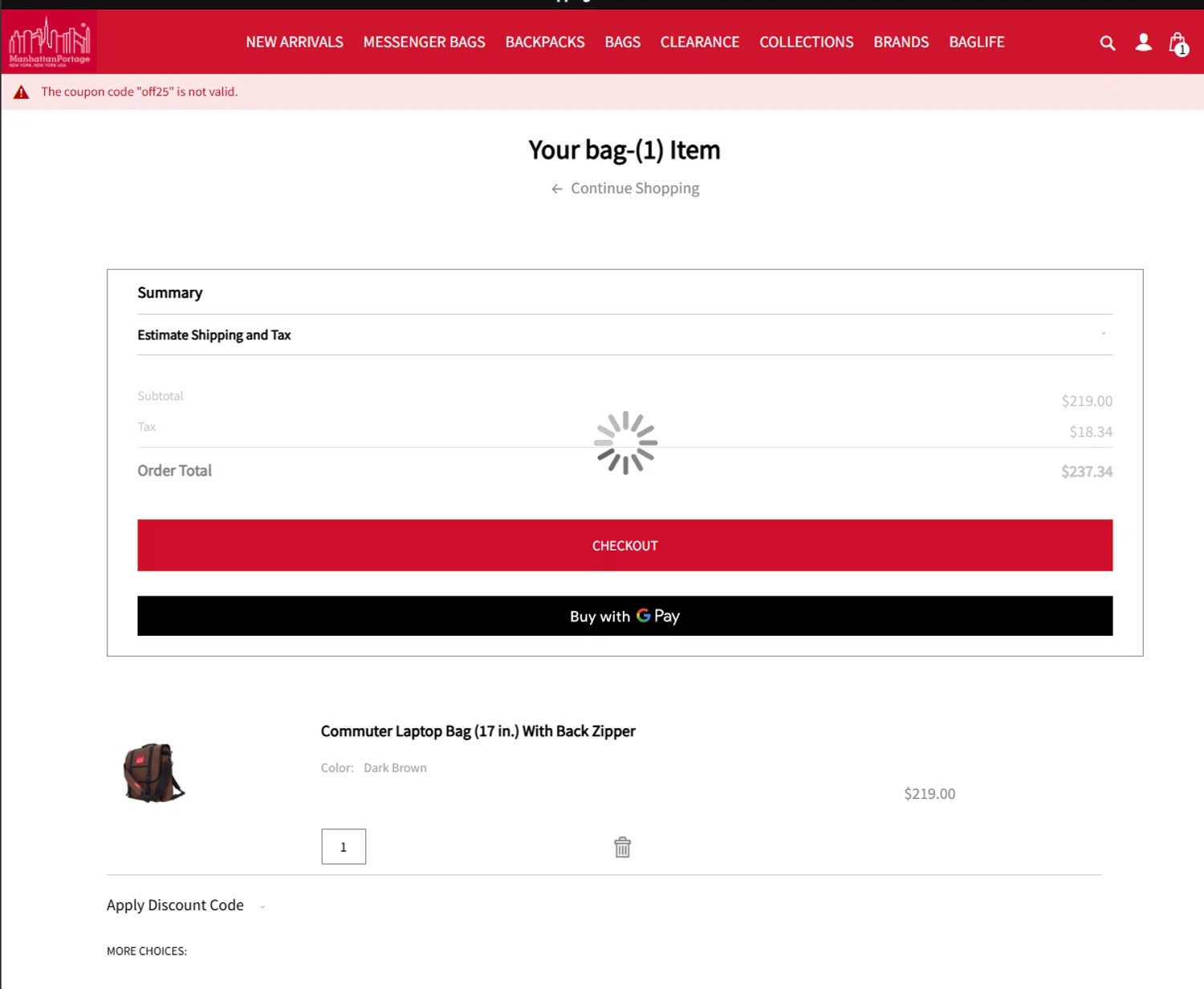 Manhattan Portage discount code screenshot showing code off25 applied at Manhattan Portage checkout page. Uploaded by SimplyCodes community member MateoRioja on Sep 23, 2025