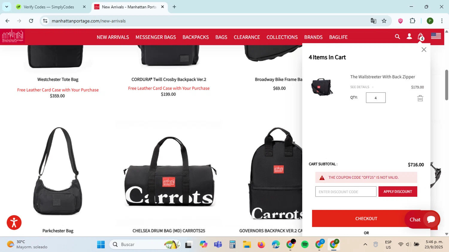 Manhattan Portage discount code screenshot showing code off25 applied at Manhattan Portage checkout page. Uploaded by SimplyCodes community member ThriftySpotter5396 on Sep 23, 2025