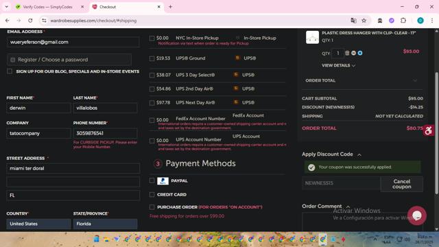 Manhattan Wardrobe Supply checkout page showing Manhattan Wardrobe Supply promo code box | Screenshot taken by SimplyCodes community member on Jul 26, 2025