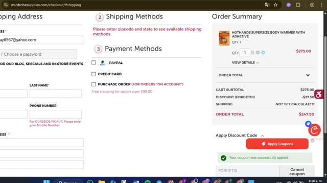 Manhattan Wardrobe Supply checkout page showing Manhattan Wardrobe Supply promo code box | Screenshot taken by SimplyCodes community member on May 25, 2025