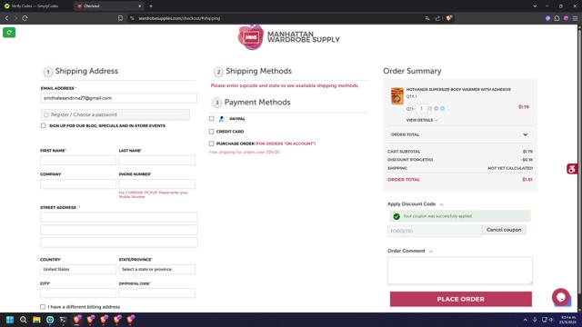 Manhattan Wardrobe Supply checkout page showing Manhattan Wardrobe Supply promo code box | Screenshot taken by SimplyCodes community member on May 25, 2025