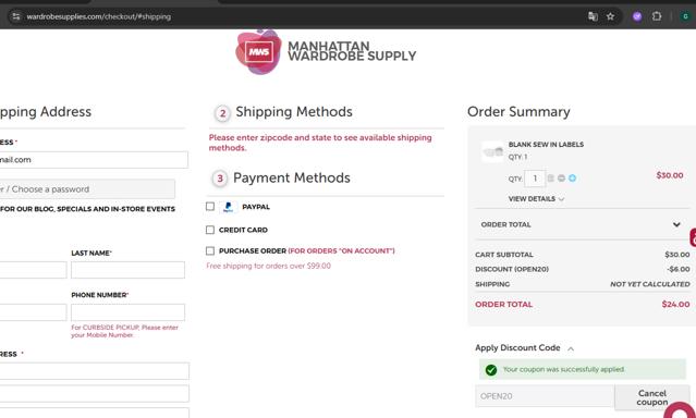 Manhattan Wardrobe Supply checkout page showing Manhattan Wardrobe Supply promo code box | Screenshot taken by SimplyCodes community member on Jun 19, 2025