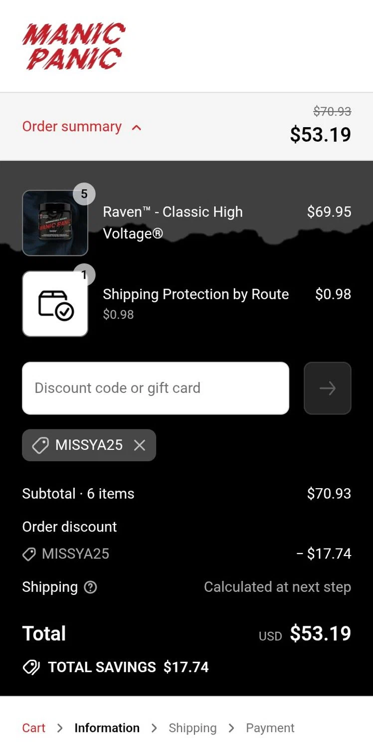 Manic Panic discount code screenshot showing code MISSYA25 applied at Manic Panic checkout page. Uploaded by SimplyCodes community member Kikaaa on Jul 2, 2025