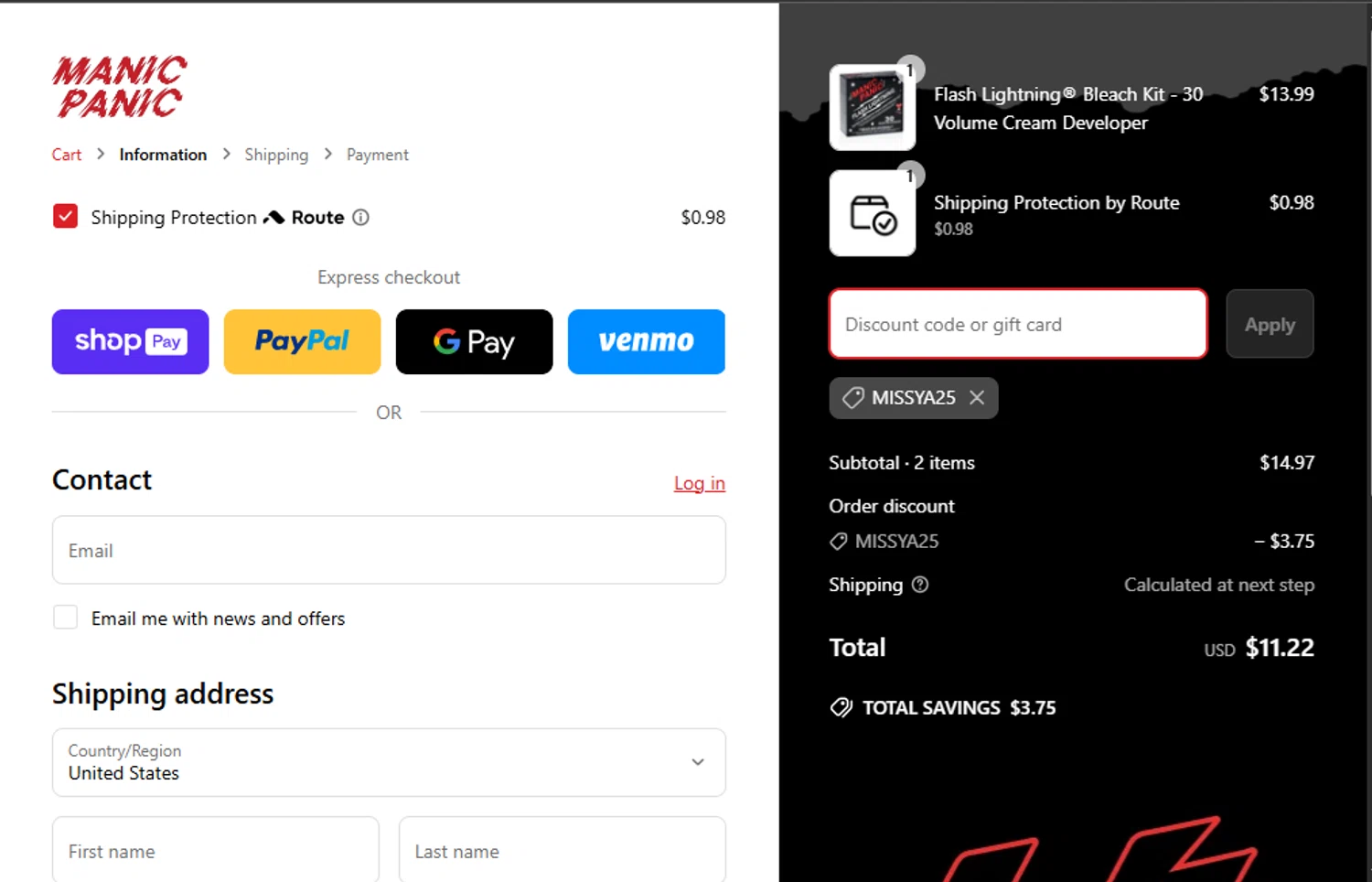 Manic Panic discount code screenshot showing code MISSYA25 applied at Manic Panic checkout page. Uploaded by SimplyCodes community member GoldPhoenix3793 on Apr 17, 2025