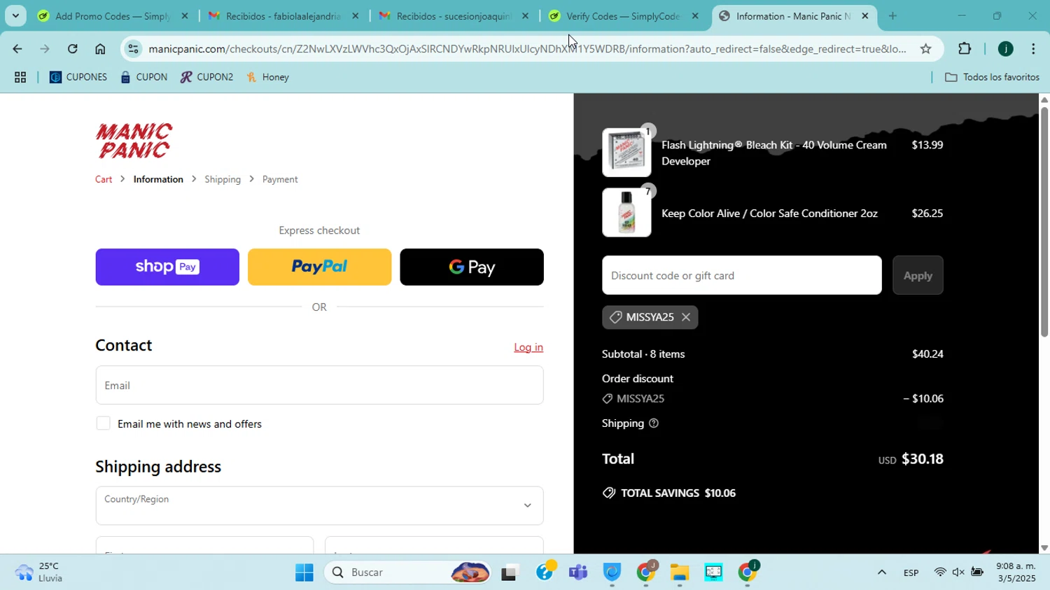 Manic Panic discount code screenshot showing code MISSYA25 applied at Manic Panic checkout page. Uploaded by SimplyCodes community member jorgejavierherrera on May 3, 2025