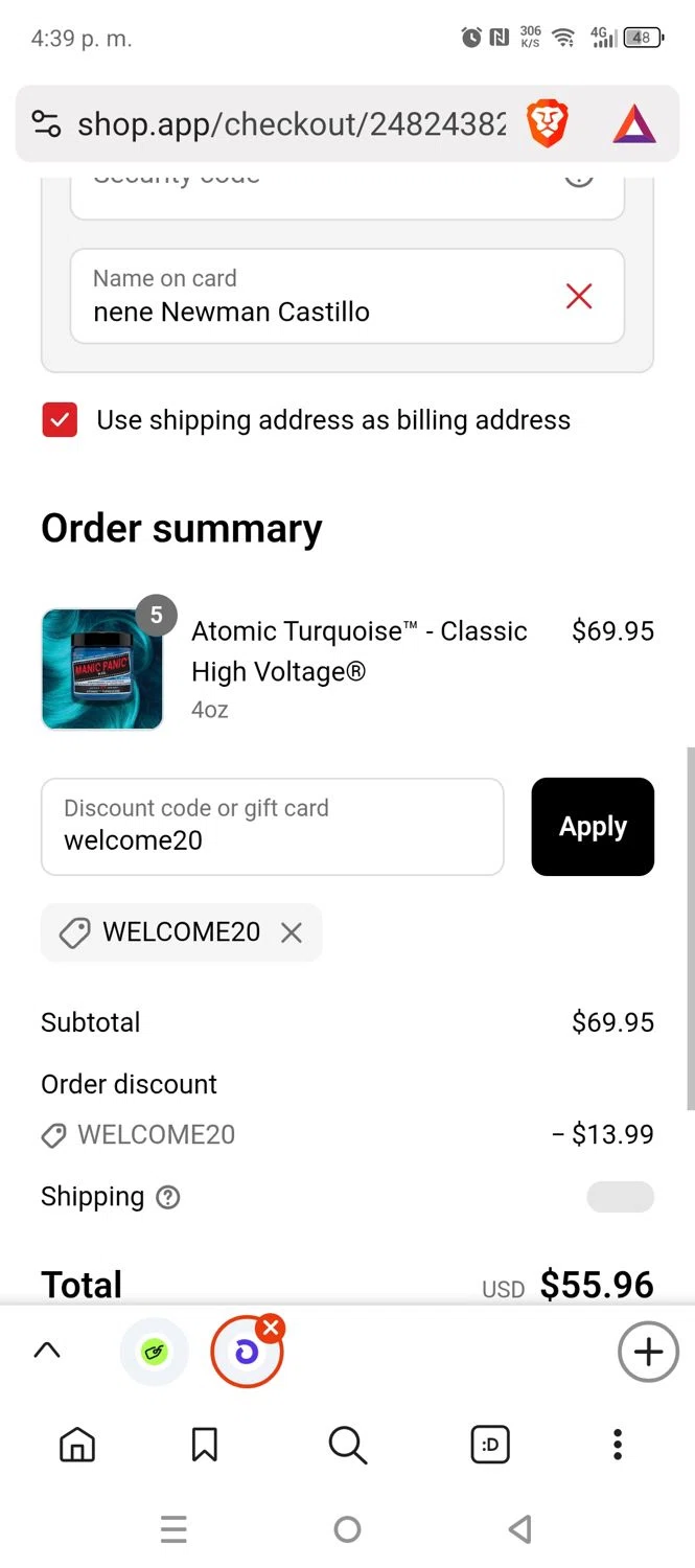 Manic Panic discount code screenshot showing code welcome20 applied at Manic Panic checkout page. Uploaded by SimplyCodes community member DiscountLion3937 on Jun 15, 2025