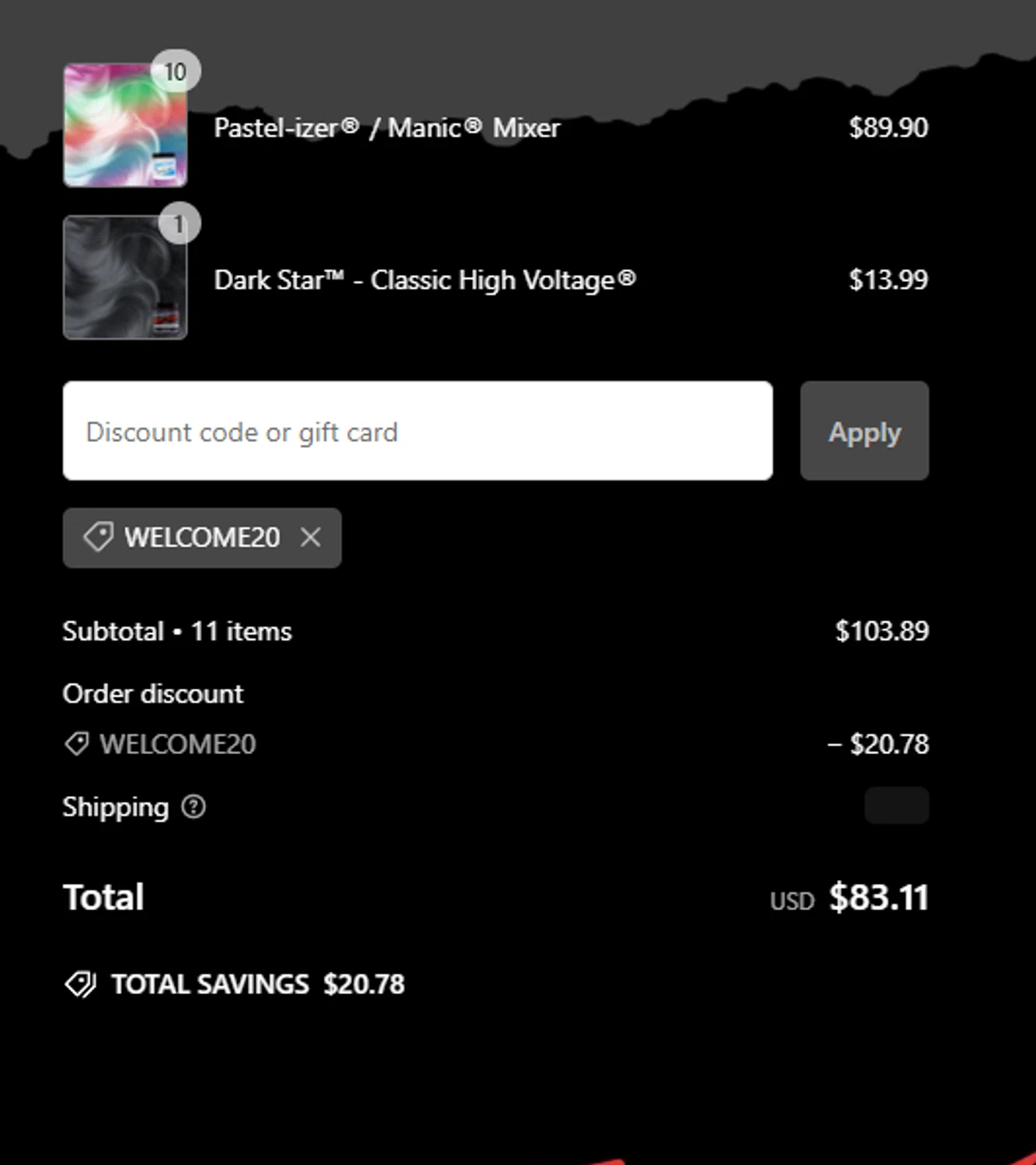 Manic Panic discount code screenshot showing code welcome20 applied at Manic Panic checkout page. Uploaded by SimplyCodes community member ShieldTitan9442 on Jan 4, 2025