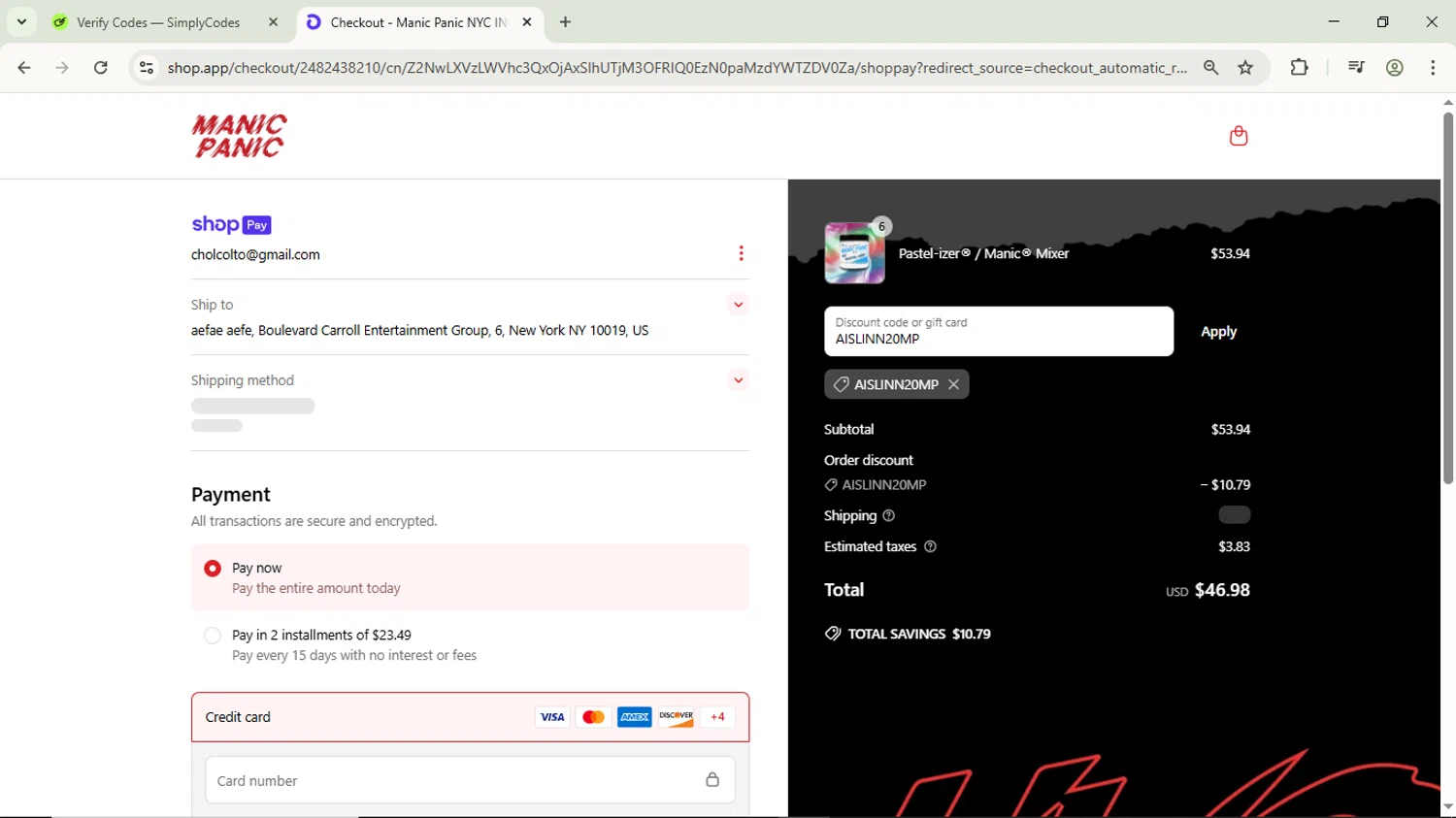 Manic Panic discount code screenshot showing code AISLINN20MP applied at Manic Panic checkout page. Uploaded by SimplyCodes community member ScanPhoenix3549 on Jun 15, 2025