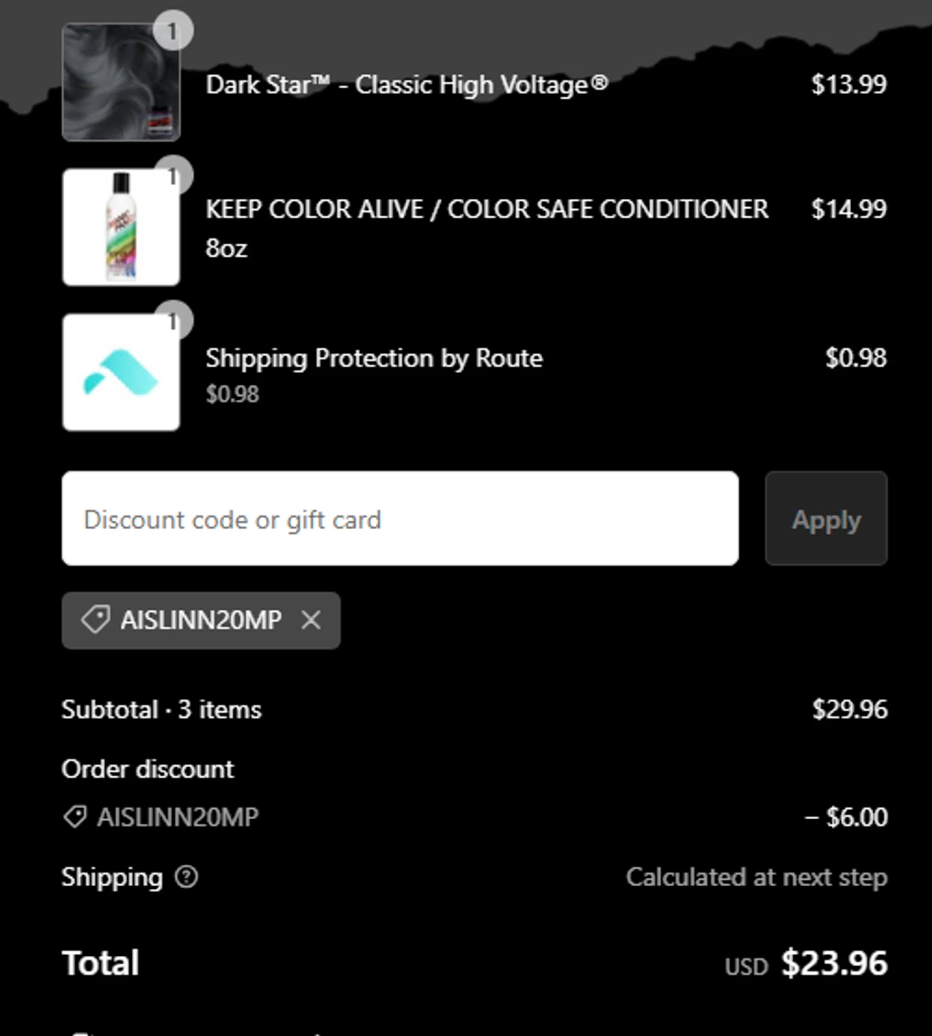 Manic Panic discount code screenshot showing code AISLINN20MP applied at Manic Panic checkout page. Uploaded by SimplyCodes community member Toundjiale on Feb 2, 2025