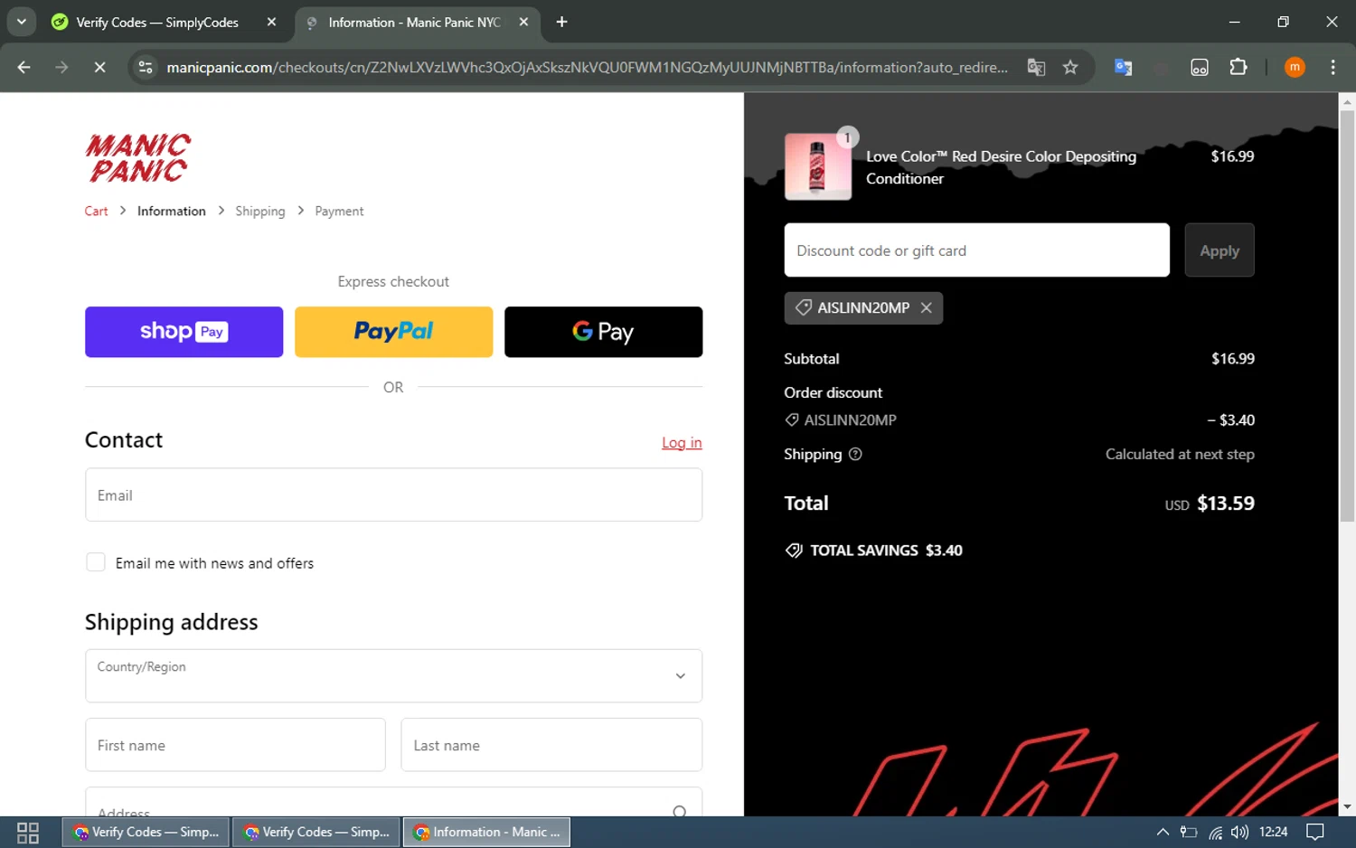 Manic Panic discount code screenshot showing code AISLINN20MP applied at Manic Panic checkout page. Uploaded by SimplyCodes community member EpicTracker8800 on Feb 2, 2025