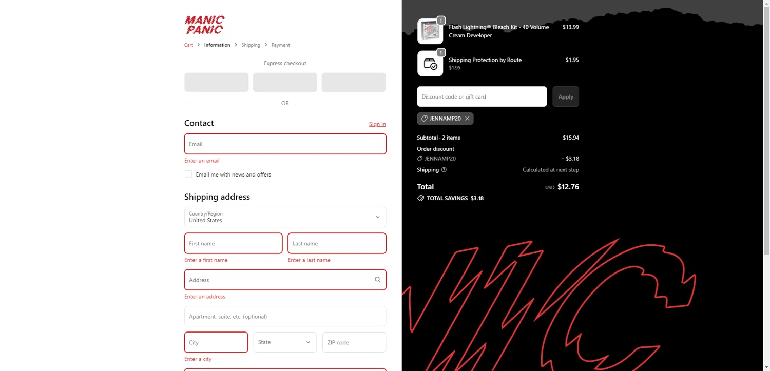 Manic Panic discount code screenshot showing code JENNAMP20 applied at Manic Panic checkout page. Uploaded by SimplyCodes community member DiscountWarden480 on Oct 9, 2025