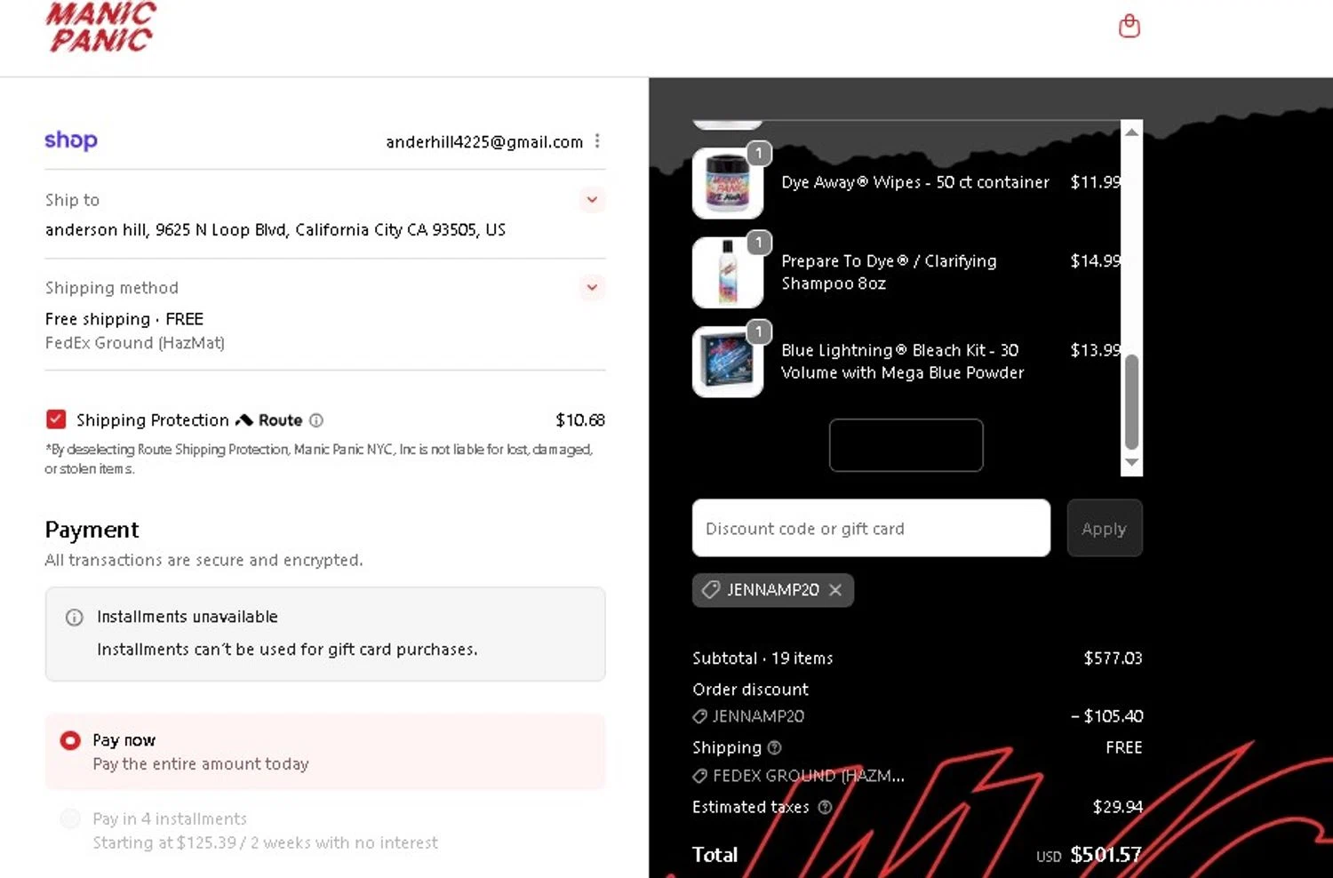 Manic Panic discount code screenshot showing code JENNAMP20 applied at Manic Panic checkout page. Uploaded by SimplyCodes community member Elcompa on Oct 9, 2025