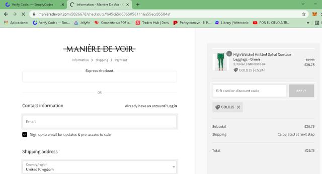 Maniere De Voir checkout page showing Maniere De Voir discount code box | Screenshot taken by SimplyCodes community member on Jan 27, 2023