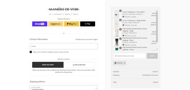 Maniere De Voir checkout page showing Maniere De Voir discount code box | Screenshot taken by SimplyCodes community member on Feb 9, 2023