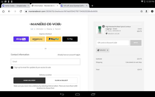 Maniere De Voir checkout page showing Maniere De Voir discount code box | Screenshot taken by SimplyCodes community member on Feb 7, 2023