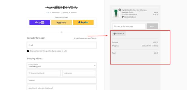 Maniere De Voir checkout page showing Maniere De Voir discount code box | Screenshot taken by SimplyCodes community member on Feb 1, 2023