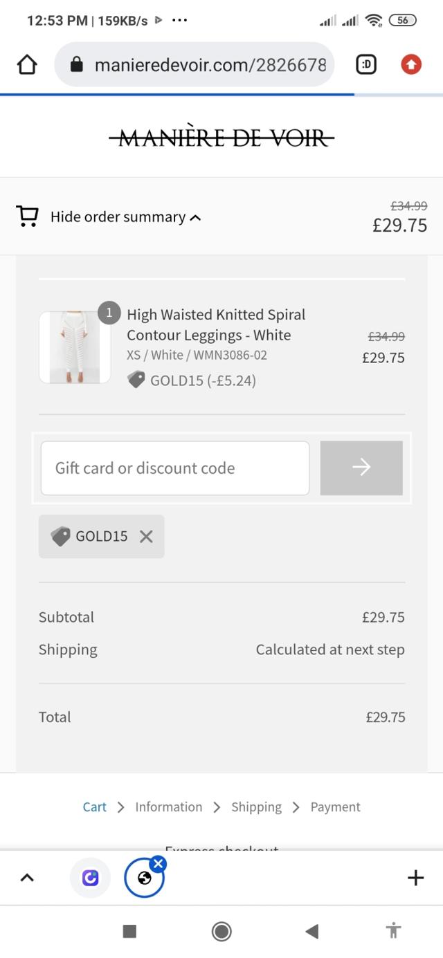 Maniere De Voir checkout page showing Maniere De Voir discount code box | Screenshot taken by SimplyCodes community member on Jan 30, 2023