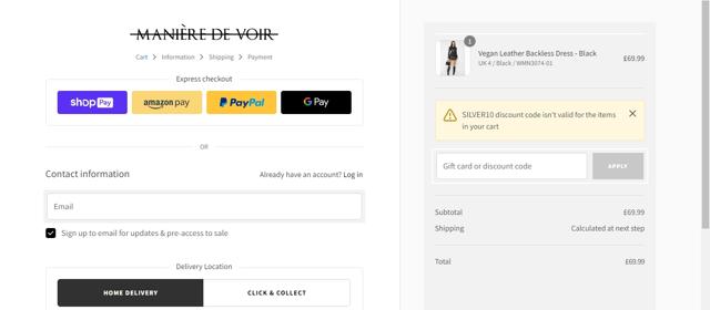 Maniere De Voir checkout page showing Maniere De Voir discount code box | Screenshot taken by SimplyCodes community member on Mar 3, 2023