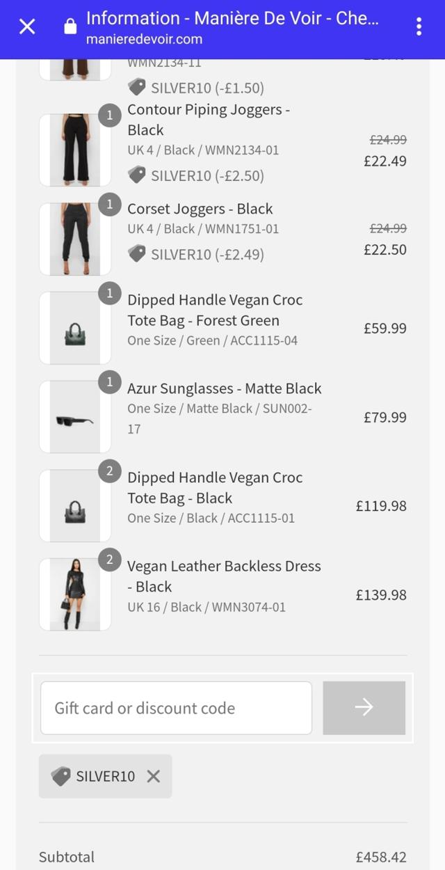 Maniere De Voir checkout page showing Maniere De Voir discount code box | Screenshot taken by SimplyCodes community member on Feb 12, 2023