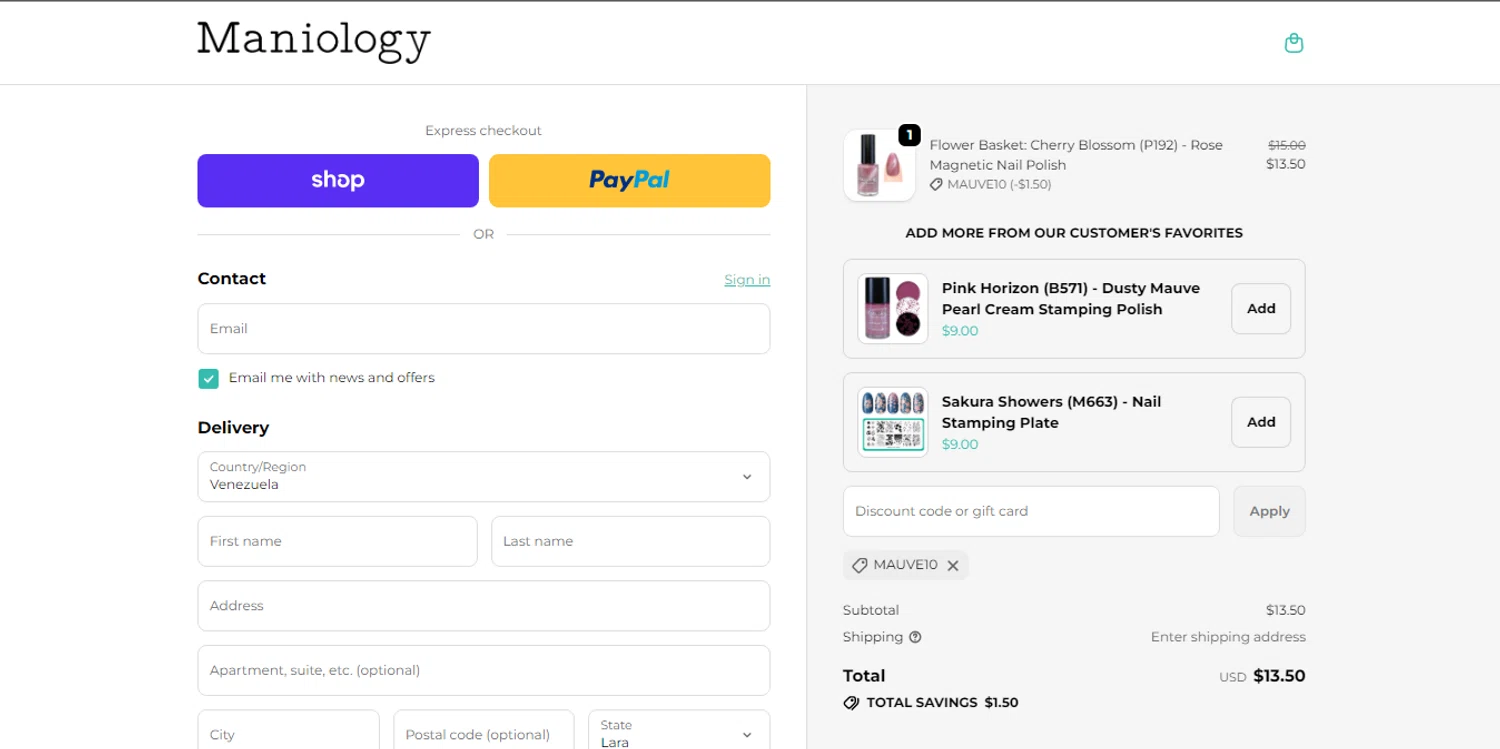 Maniology promo code screenshot showing code MAUVE10 applied at Maniology checkout page. Uploaded by SimplyCodes community member HUNTER1406 on Feb 21, 2026