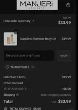 THANKYOU15 coupon verification screenshot
