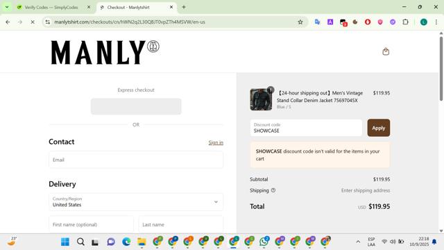 Manlytshirt checkout page showing Manlytshirt discount code box | Screenshot taken by SimplyCodes community member on Sep 11, 2025