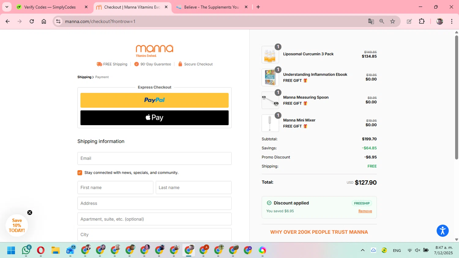 Manna checkout page showing Manna discount code box | Screenshot taken by SimplyCodes community member on Dec 7, 2025