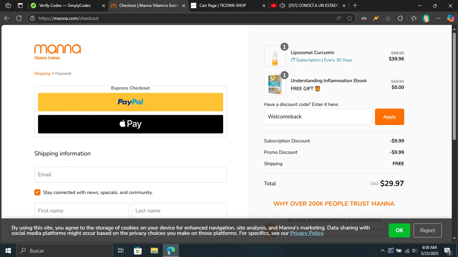 Manna discount code screenshot showing code Welcomeback applied at Manna checkout page. Uploaded by SimplyCodes community member Don_Quixote on May 25, 2025