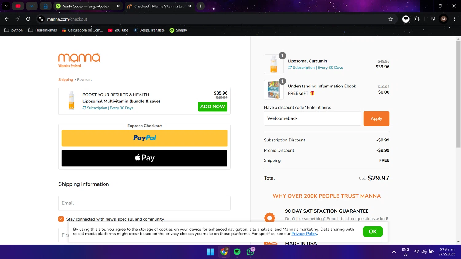 Manna discount code screenshot showing code Welcomeback applied at Manna checkout page. Uploaded by SimplyCodes community member Maocar on Feb 27, 2025